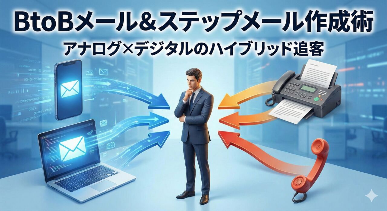 BtoBメールマーケティングとステップメールの作り方アイキャッチ画像。中央のターゲット顧客（ビジネスマン）に対し、左側からデジタル（PC・スマホからのメール）、右側からアナログ（FAX・電話）が矢印でアプローチする様子を描いた、アナログ×デジタルのハイブリッド追客戦略を示す3Dイラスト。