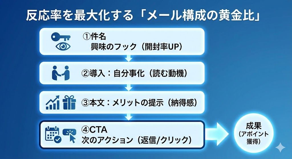 反応率を高める営業メールの4段構成図解(件名・導入・本文・結び)の黄金比