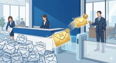 大量のinfo@メールが受付で止まっている中、「転送依頼」のメールだけがゲートを通過し、奥にいる決裁者に届いている様子のイラスト
