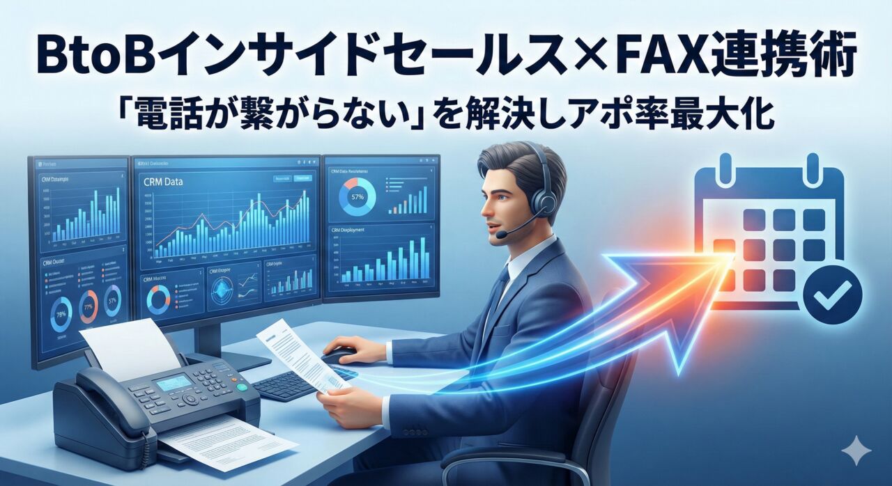 BtoBインサイドセールスの立ち上げと連携アイキャッチ画像。ヘッドセットを付けた担当者が、PC画面の顧客データ（デジタル）と手元のFAX用紙（アナログ）を同時に活用し、効率的にアポイント（カレンダー）を獲得している様子を描いた3Dイラスト。
