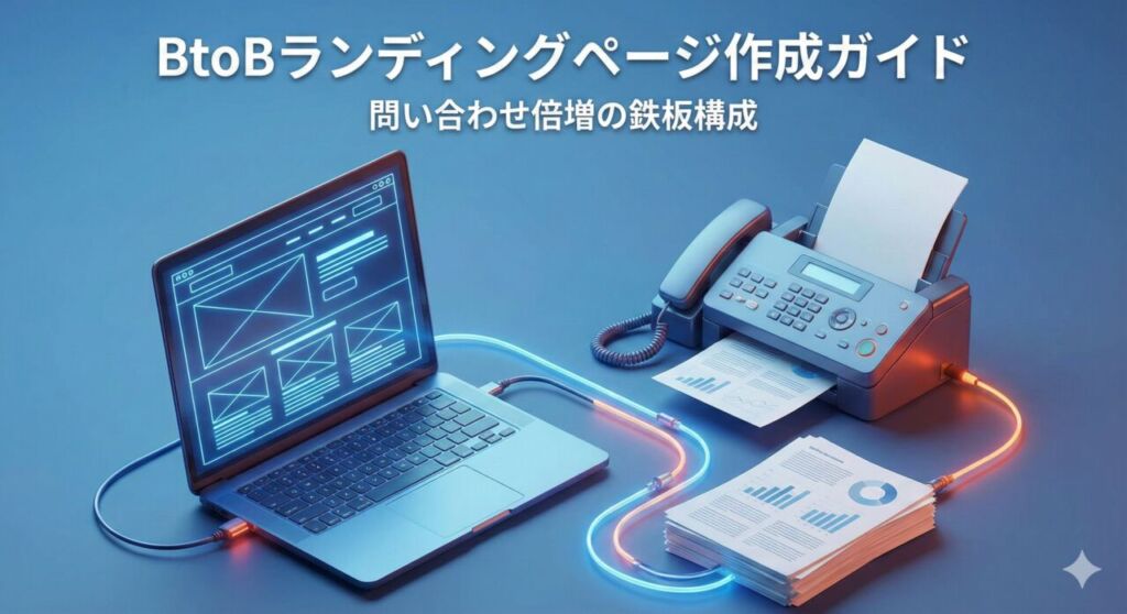 BtoBランディングページ作成ガイドのアイキャッチ画像。ノートPCに表示されたWeb構成案（ワイヤーフレーム）とFAX機が光のケーブルで繋がり、デジタルとアナログを融合して問い合わせを倍増させる戦略を表現した3Dイラスト。