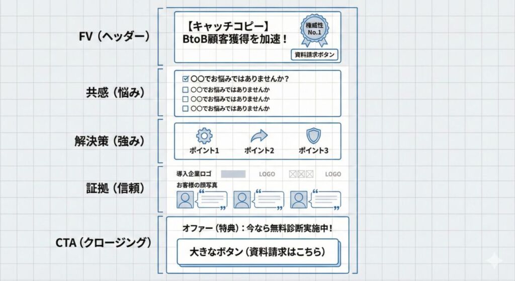 BtoBランディングページの鉄板構成ワイヤーフレーム。上から順に「ファーストビュー（FV）」「共感（悩みチェックリスト）」「解決策（メリット3つのポイント）」「証拠（導入事例・ロゴ）」「クロージング（CTAボタン）」を配置した、成約率を高めるレイアウト図。