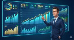 BtoBマーケティングのKPI分析ダッシュボード。CPA、LTV、ROAS、CACなどの重要指標が表示された画面と、それらを分析するビジネスリーダーのイラスト。