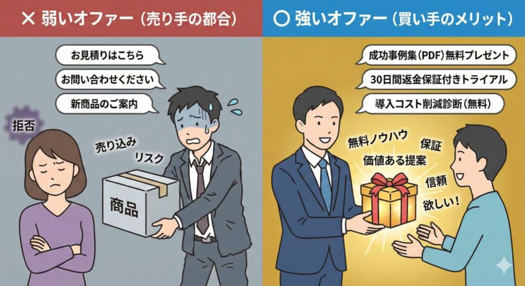 BtoB営業における「強いオファー」と「弱いオファー」の比較図解。売り込み中心の提案と、顧客メリット中心の提案の違いを解説。