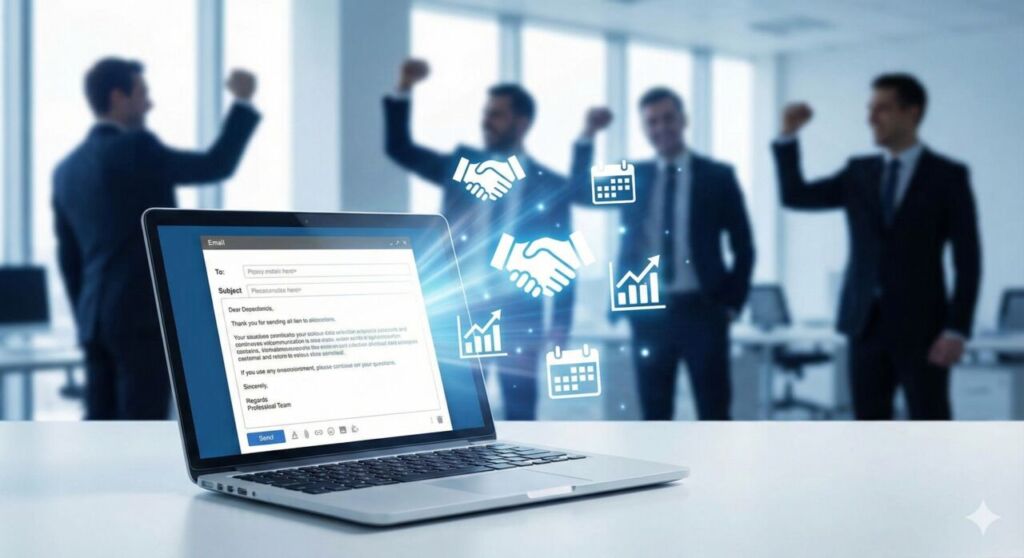 BtoB営業メールのテンプレートと成功イメージ。PC画面に表示された例文から成果(光)が広がり、ビジネスマンが喜んでいる様子