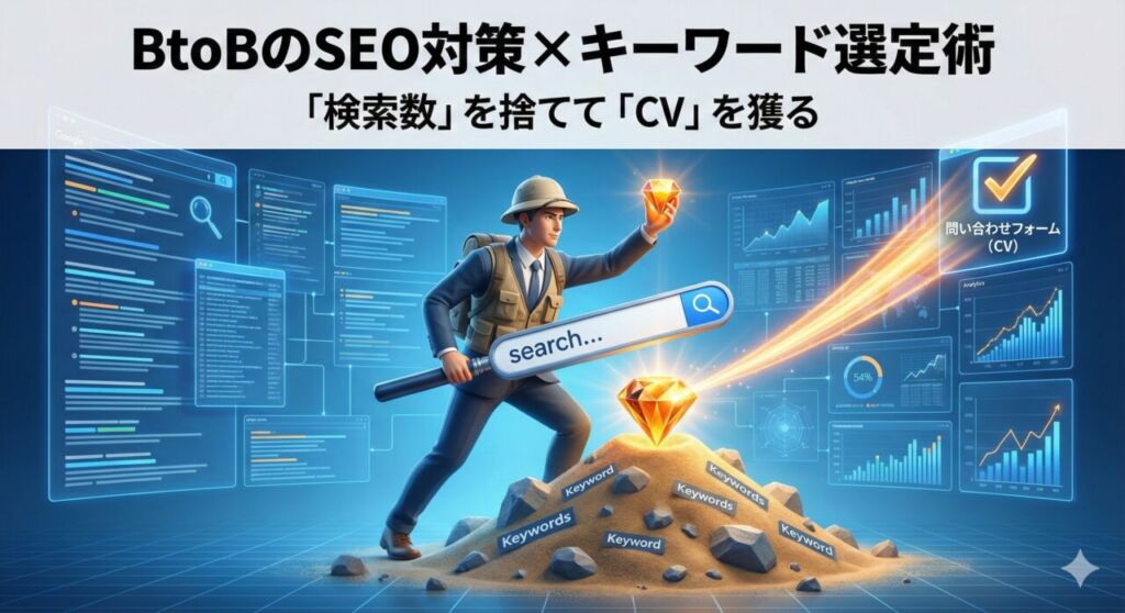 BtoB SEO対策とキーワード選定術のアイキャッチ画像。探検家の姿をしたビジネスパーソンが、巨大な虫眼鏡を使って大量の検索キーワード（砂山）の中から、コンバージョンに繋がる価値あるキーワード（宝石）を見つけ出し、それが問い合わせフォーム（CV）へと繋がっている様子を描いた3Dイラスト。「検索数を捨ててCVを獲る」というキャッチコピー入り