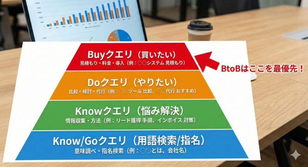 BtoB SEOのキーワード選定優先順位を示す4段階のピラミッド。上から順に、最優先の「Buyクエリ（買いたい：見積もり・料金）」と「Doクエリ（やりたい：比較・検討）」、続いて「Knowクエリ（知りたい：方法）」、最下段に「Goクエリ（指名検索）」を配置。コンバージョンに直結する上位2層（Buy/Do）を「BtoBはここを最優先！」として強調している。