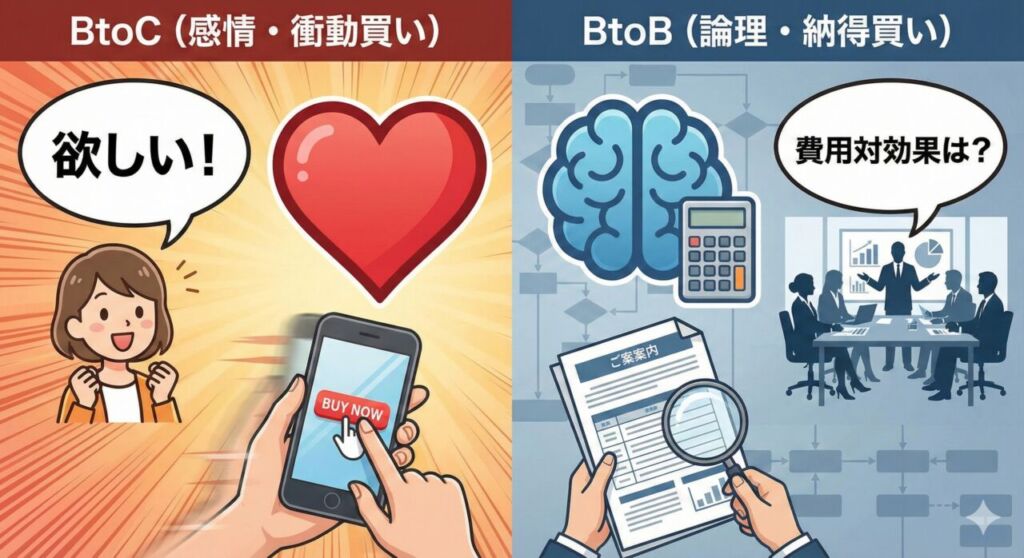 図解：BtoCとBtoBの購買心理の違い。左側のBtoCはハートのアイコンと「欲しい！」の吹き出しで「感情・衝動買い」を、右側のBtoBは脳と電卓のアイコン、会議の様子で「費用対効果は？」と問う「論理・納得買い」を表した比較イラスト。