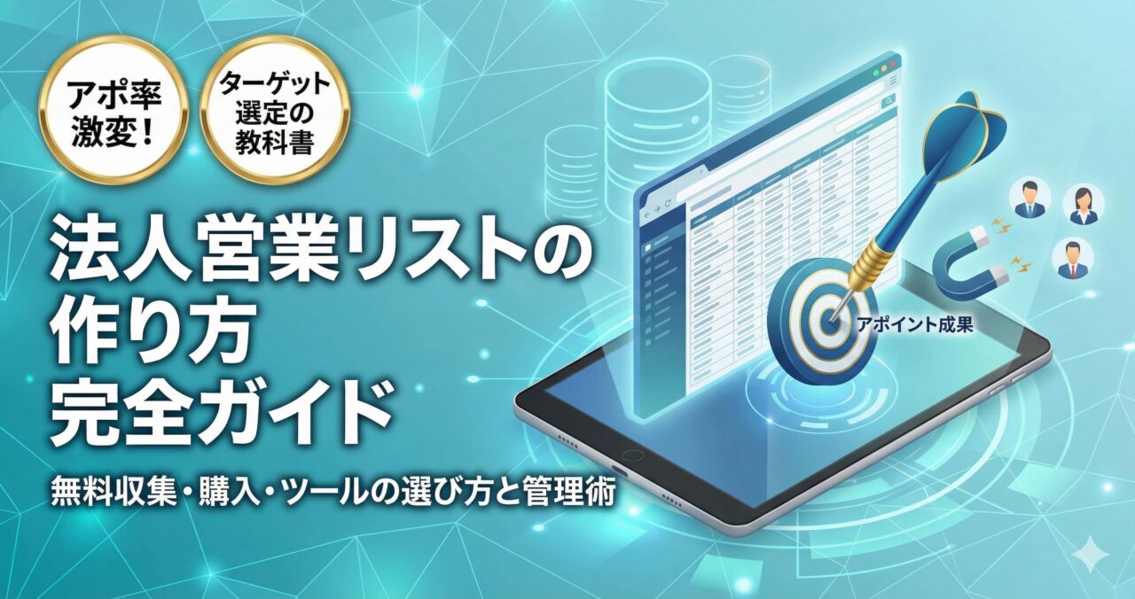 法人営業リストの作り方完全ガイドのアイキャッチ。データベースから優良な見込み客を抽出して狙い撃つイメージのイラスト。