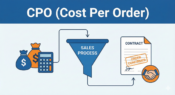 CPO（Cost Per Order）の概念図。ビジネスの契約成立を表す握手や契約書と、コスト算出のための金銭や電卓を組み合わせたイラスト。