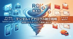デジタル（FAX・メール）とアナログ（郵送DM）の手法を融合させ、BtoBクロスチャネルでROI最大化を目指す戦略の概念図。左側の青いデジタル要素（Speed & Low Cost）と右側の赤いアナログ要素（Trust & Visibility）が中央で渦を巻き、成果向上を示す上昇矢印に向かっている様子を表現