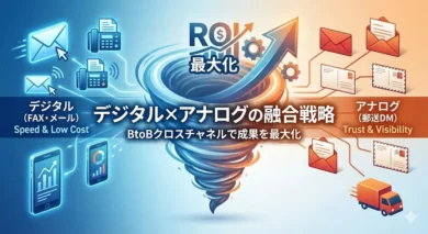 デジタル（FAX・メール）とアナログ（郵送DM）の手法を融合させ、BtoBクロスチャネルでROI最大化を目指す戦略の概念図。左側の青いデジタル要素（Speed & Low Cost）と右側の赤いアナログ要素（Trust & Visibility）が中央で渦を巻き、成果向上を示す上昇矢印に向かっている様子を表現