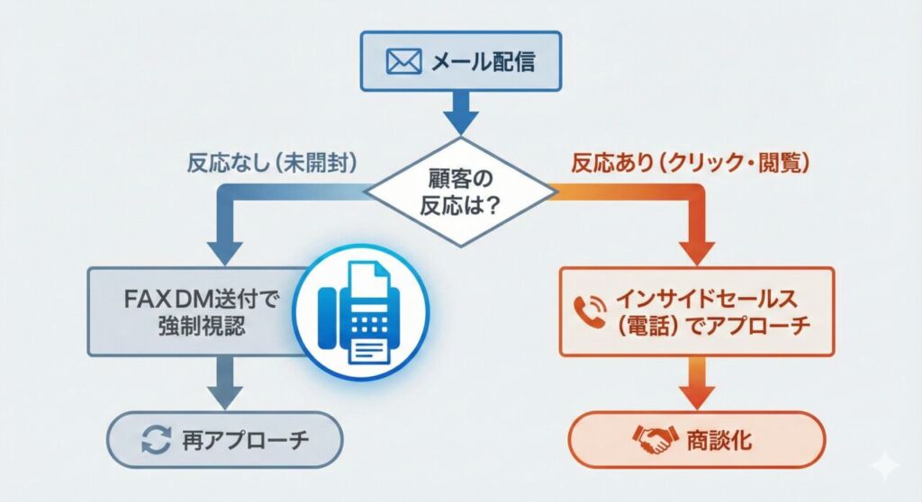 デジタルとアナログを組み合わせたハイブリッド追客のフローチャート。「メール配信」後、「顧客の反応は？」で分岐する。右側の「反応あり（クリック・閲覧）」ルートは暖色系で「インサイドセールス（電話）でアプローチ」し「商談化」へ。左側の「反応なし（未開封）」ルートは寒色系で、強調されたFAXアイコンと共に「FAX DM送付で強制視認」させ「再アプローチ」へ繋げる流れを示す。