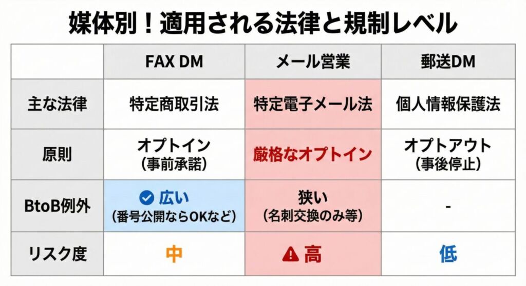 FAX DM、メール営業、郵送DMの法規制比較マトリクス図。特定商取引法、特定電子メール法、個人情報保護法の違いと、オプトイン・オプトアウトの要件を一覧で比較。