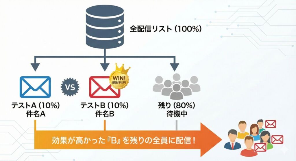メールマーケティングのA/Bテスト実施フロー図。リストの一部でテスト配信を行い、効果の高かった勝ちパターンを残りのリストに配信する手順。