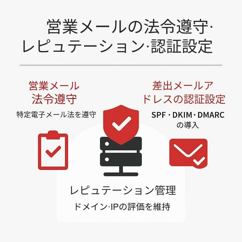 営業メールにおける法令遵守、差出メールアドレスの認証設定(SPF・DKIM・DMARC)、ドメインやIPのレピュテーション管理を図解したイメージ。