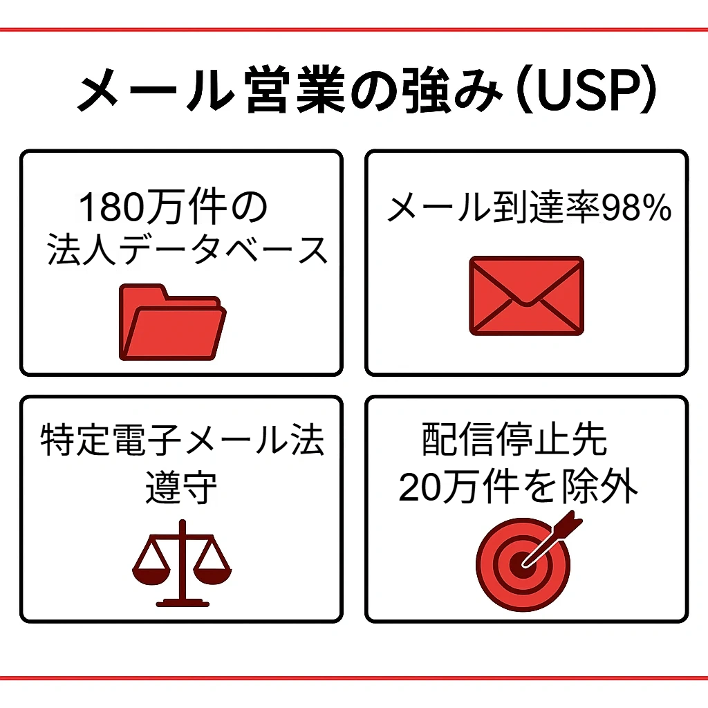 メール営業の強み(USP)として、法人データベース180万件、メール到達率98%、特定電子メール法の遵守、配信停止先20万件の除外を示した図解。