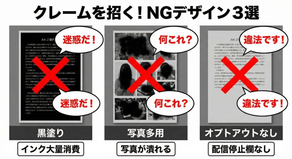 FAX DMのNGデザイン例3選。インクを大量消費する「ベタ塗り」、写真が黒く潰れて判読できない「写真多用」、特定商取引法違反となる「配信停止（オプトアウト）欄なし」の失敗事例を図解しています。