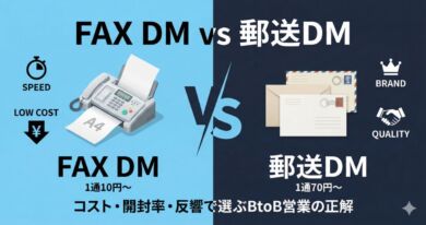 FAX DMと郵送DMの比較アイキャッチ。左に低コストで即効性のあるFAX複合機（1通10円〜）、右にブランド力のある郵送DM（1通70円〜）を配置し、コストと開封率の違いを対比しています。