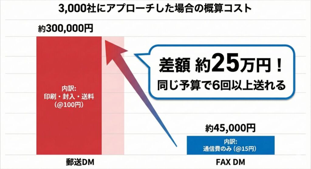 3,000社へのDM配信コスト比較グラフ。郵送DM（約30万円）に対し、FAX DM（約4.5万円）は約1/7の費用で済み、差額で6回以上の追加アプローチが可能であることを示しています。