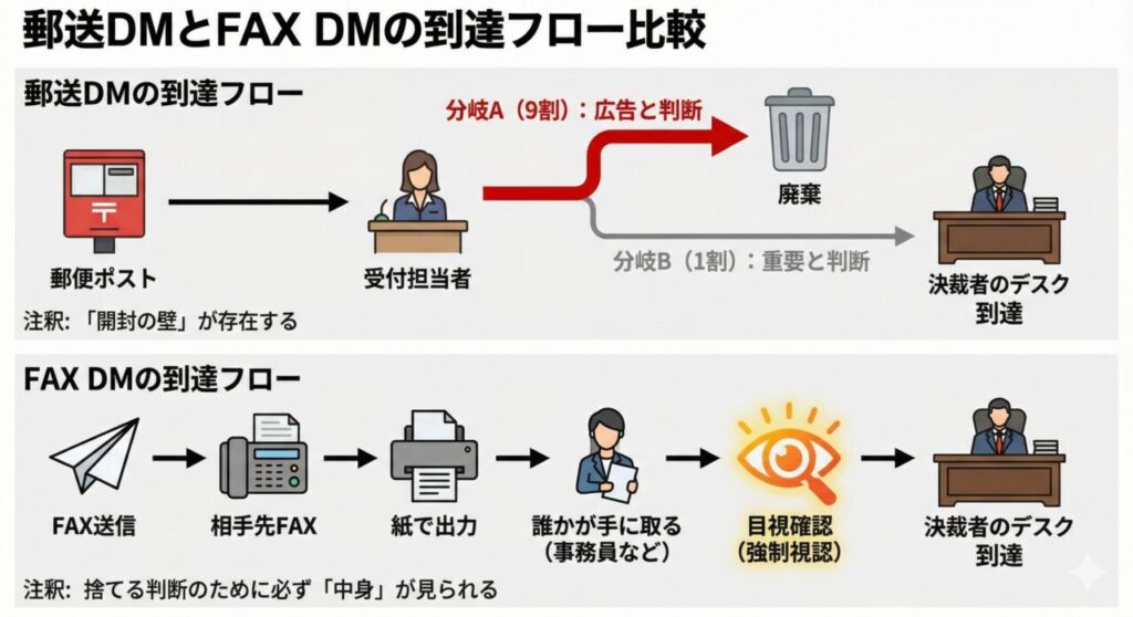 郵送DMとFAX DMの到達フロー比較図。郵送DMは受付担当者により廃棄されるリスク（受付の壁）がある一方、FAX DMは複合機から出力されるため、必ず誰かの目に触れる「強制視認性」があることを対比して解説しています。