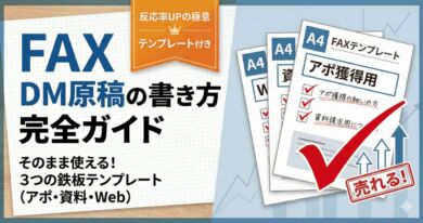 FAX DM原稿の書き方完全ガイドのアイキャッチ画像。アポイント獲得、資料請求、Web誘導の3つの鉄板テンプレートを示す書類と、反応率を上げるためのノウハウをイメージしたイラスト。
