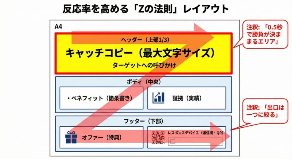 FAX DMの反応率を高めるZの法則レイアウト図。人の視線が左上から右下へ動く習性を利用し、ヘッダーにキャッチコピー、中央にベネフィット、右下にオファーと返信欄を配置する鉄則構成を解説しています。