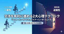 フット・イン・ザ・ドア（段階的要請）とドア・イン・ザ・フェイス（譲歩的要請）のイメージ対比。階段を登るイラストと、ドアが開くイラストで営業心理学を表現したアイキャッチ。