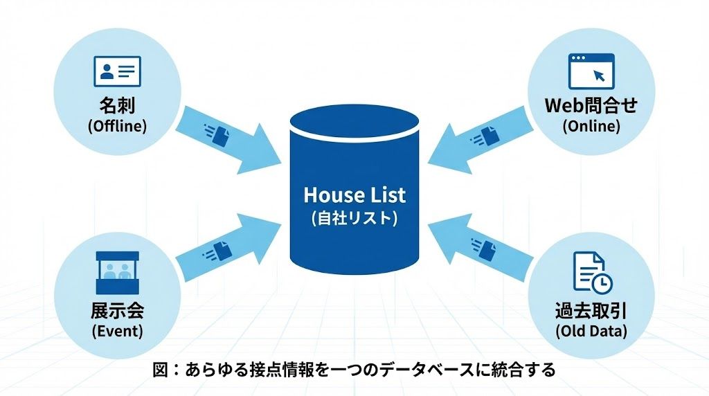 ハウスリストの構築フロー図解。名刺、Web問い合わせ、イベント、過去取引などの散在するデータを収集し、一つのデータベースに統合・一元管理する流れ。