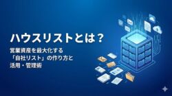 ハウスリスト（自社リスト）のアイキャッチ画像。名刺やWeb問い合わせなど、社内の顧客情報を一元管理して営業資産化するデータベースのイメージ