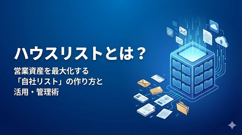 ハウスリスト（自社リスト）のアイキャッチ画像。名刺やWeb問い合わせなど、社内の顧客情報を一元管理して営業資産化するデータベースのイメージ