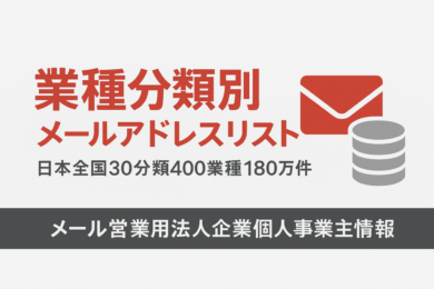 業種分類別メールアドレスリストをテーマに、赤とグレーで構成されたアイキャッチ画像。日本全国30分類400業種180万件の情報を示すデザイン。