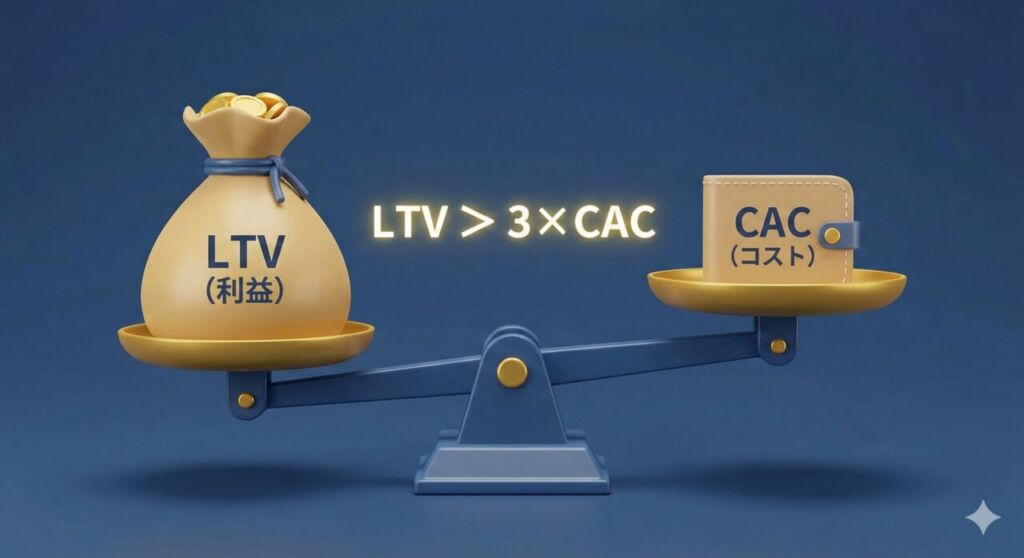 LTV（顧客生涯価値）とCAC（顧客獲得コスト）の理想的なバランスを示す天秤。「LTV > 3 × CAC」が健全な投資基準であることを表現。