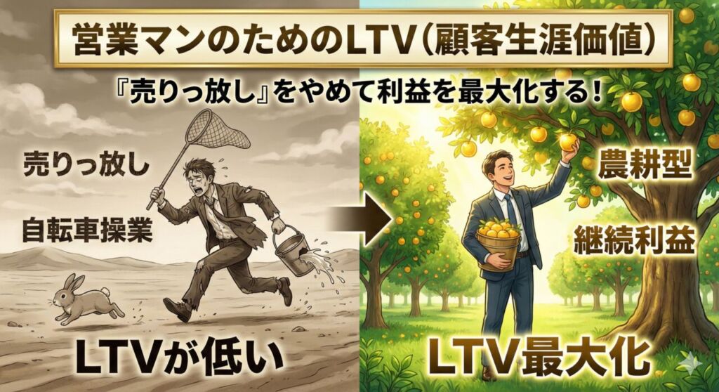 新規開拓ばかりで疲弊する「売りっ放し型営業」と、既存顧客と長く付き合い利益を積み上げる「LTV重視型営業」を対比させたアイキャッチ画像。