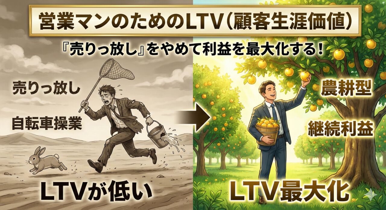 新規開拓ばかりで疲弊する「売りっ放し型営業」と、既存顧客と長く付き合い利益を積み上げる「LTV重視型営業」を対比させたアイキャッチ画像。