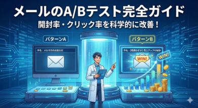 メールのA/Bテストを行うデジタル実験室のイラスト。左右のモニターで件名の異なるメールAとメールBを比較し、片方の成果グラフが急上昇している様子。データに基づく改善イメージ。