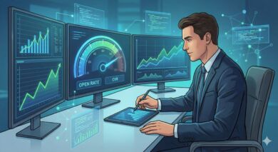 メールマーケティングのKPI（開封率・クリック率）を分析するダッシュボードとグラフ。成果指標のベンチマークを確認しているイメージ