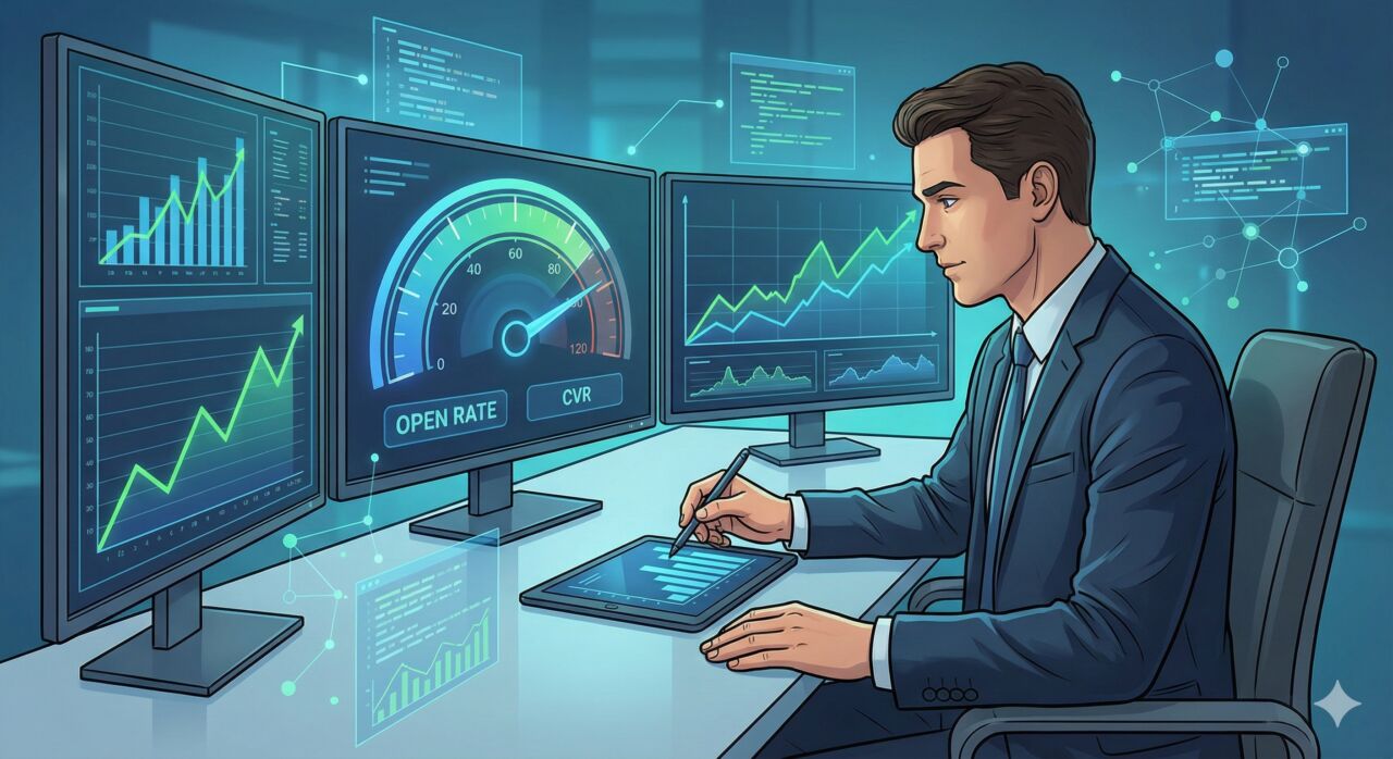メールマーケティングのKPI（開封率・クリック率）を分析するダッシュボードとグラフ。成果指標のベンチマークを確認しているイメージ