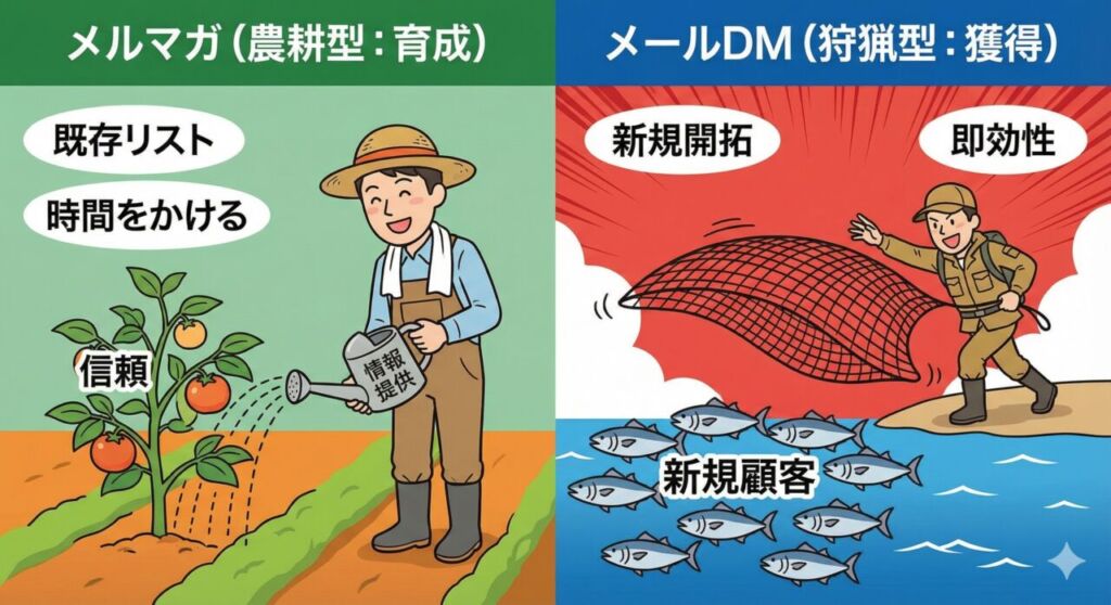 メルマガ（農耕型）とメールDM（狩猟型）の役割比較図解。既存顧客を育成する農耕と、新規顧客を獲得する狩猟のイラスト対比