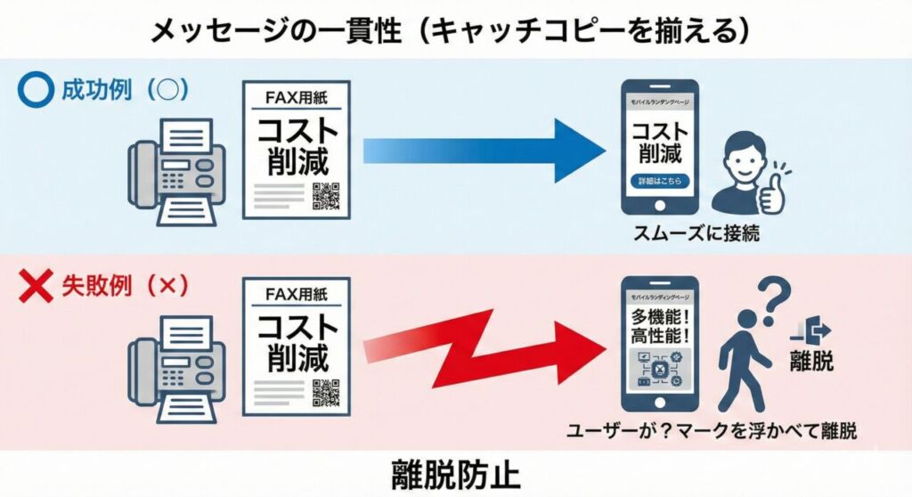 メッセージの一貫性（キャッチコピーを揃える）。上段の成功例（〇）では、FAX用紙の「コスト削減」からスマホのLPも「コスト削減」と一致しておりスムーズに接続。下段の失敗例（×）では、FAXの「コスト削減」に対しスマホLPが「多機能！高性能！」と訴求が異なっており、ユーザーが混乱して離脱する様子を示した比較イラスト。離脱防止の重要性を説明。
