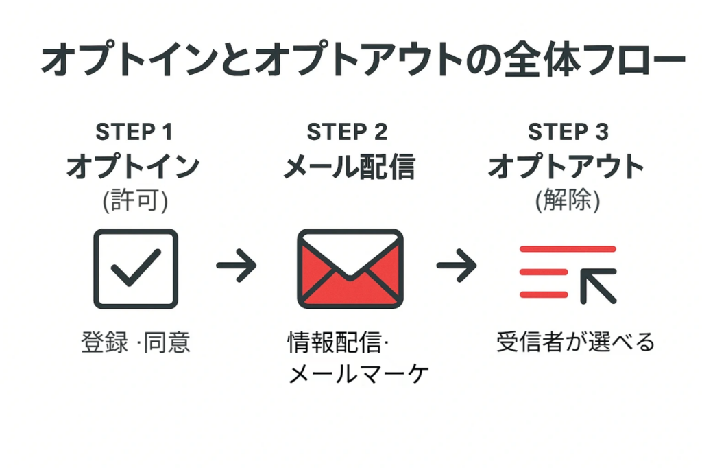 オプトイン（許可）からメール配信、オプトアウト（解除）までの3ステップを示したフロー図