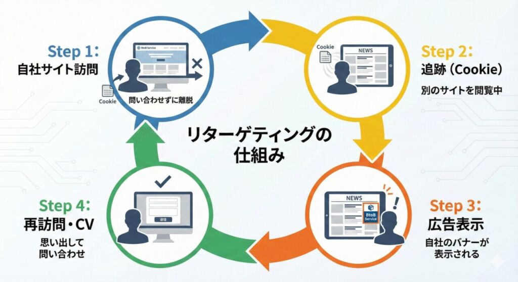リターゲティング広告の仕組み図解｜サイト訪問・離脱→追跡→他サイトでの広告表示→再訪問・CVという4ステップの循環フロー