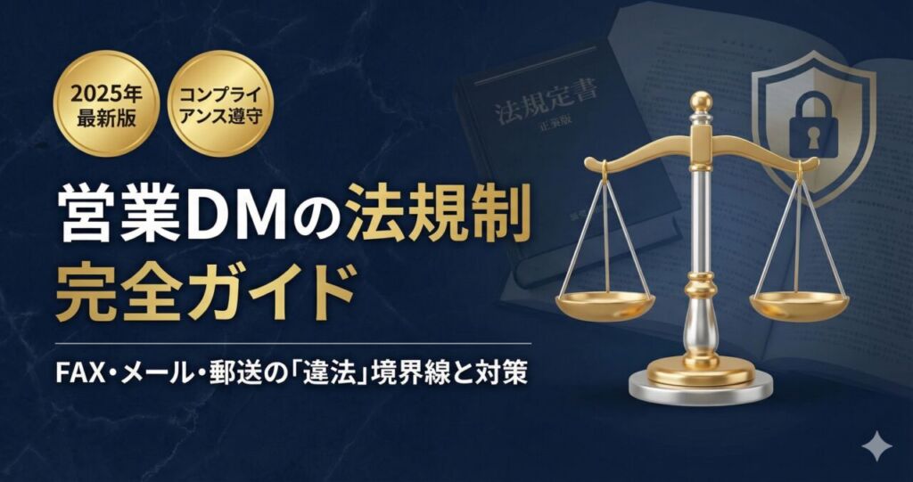 2025年最新版「営業DMの法規制完全ガイド」のアイキャッチ画像。FAX・メール・郵送の違法境界線とコンプライアンス対策を解説。法律の公正さを象徴する天秤と、セキュリティを守る盾をモチーフにした信頼感のあるデザイン。
