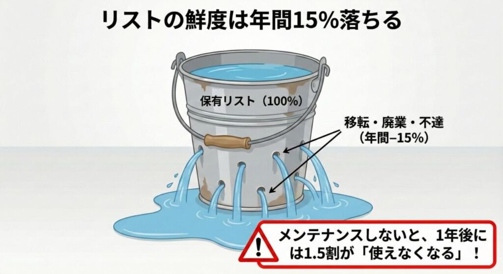 営業リストの劣化を示すイメージ図。バケツの穴から水が漏れるように、年間約20%の法人データが移転や廃業で使えなくなることを表現。