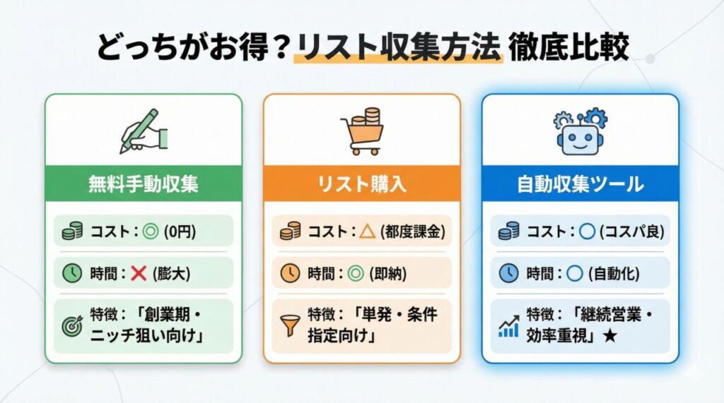 リスト収集方法の比較図解。無料の手動収集、有料のリスト購入、自動収集ツールのコスト・時間・特徴を比較し、ツール活用が効率的であることを示唆。