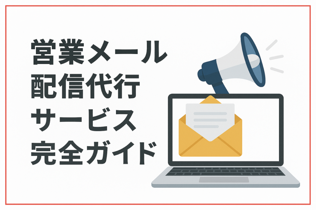 営業メール配信代行サービス完全ガイドのタイトルとメール配信を象徴するイラストを配置し、赤い細枠で囲んだシンプルなアイキャッチ画像。