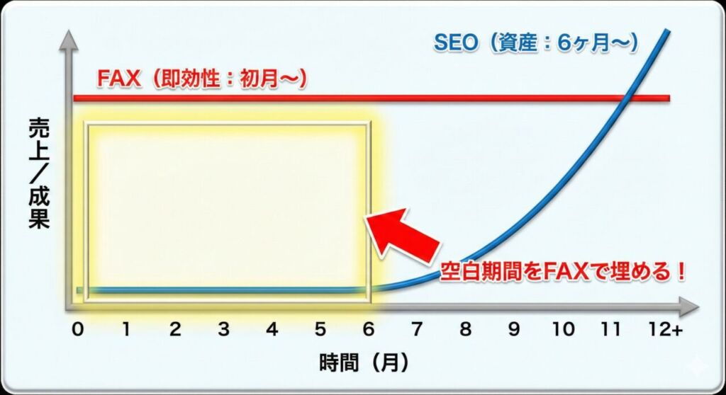 SEO対策とFAX DMの成果が出るまでの期間を比較したグラフ。SEO（青線）は効果が出るまで半年以上かかる「曲線」を描くのに対し、FAX（赤線）は初月から成果が出る「直線」を描く。SEOが育つまでの「空白期間」をFAXの即効性で埋めるハイブリッド戦略を示している。