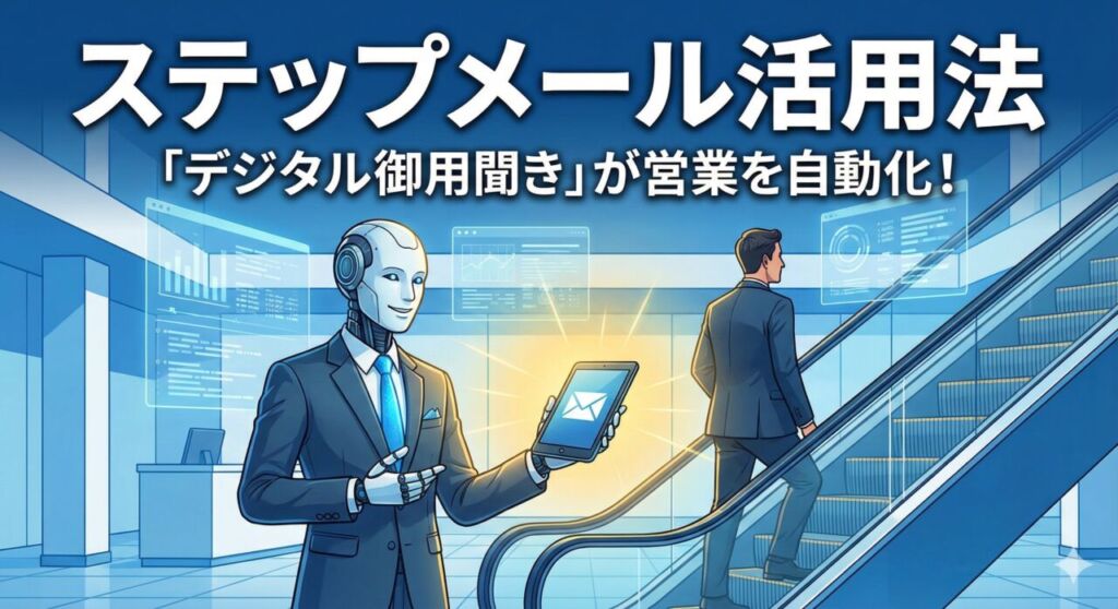 スーツを着たロボット（デジタル御用聞き）が、ビジネスマンにタイミングよくメールや資料を差し出してフォローしているイラスト。BtoB営業の自動化イメージ。