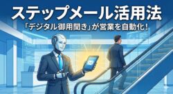 スーツを着たロボット（デジタル御用聞き）が、ビジネスマンにタイミングよくメールや資料を差し出してフォローしているイラスト。BtoB営業の自動化イメージ。