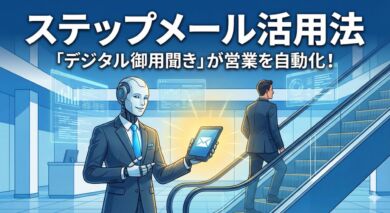 スーツを着たロボット（デジタル御用聞き）が、ビジネスマンにタイミングよくメールや資料を差し出してフォローしているイラスト。BtoB営業の自動化イメージ。